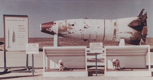 Izstrelišče Kaputsin Yar - raketa R-2A s psoma Palmo in Biterjem po pristanku