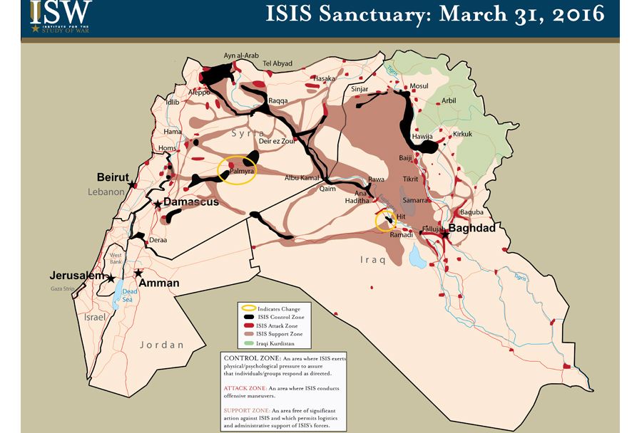 Zemljevid spopadov v Iraku in Siriji (31. marec 2016)